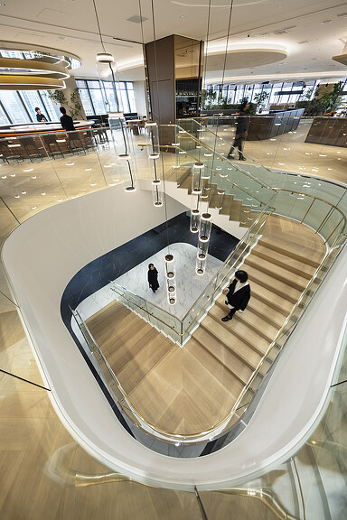 A large white spiral staircase.
